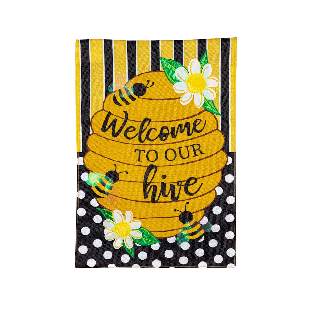 Welcome to our Hive Stripes and Dots Garden Burlap Flag
