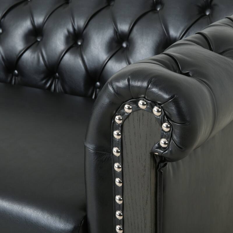 3-Seat Sofa with Wooden Legs, Retro Style, Black PU for Living Room and Study
