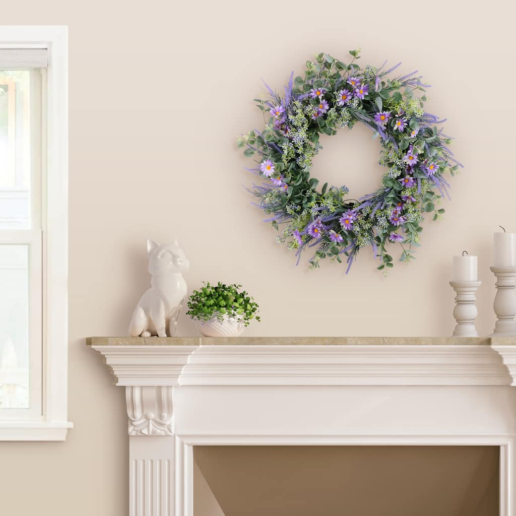 Daisy Lavender and Eucalyptus Artificial Floral Spring Wreath - 24" - Green and Purple