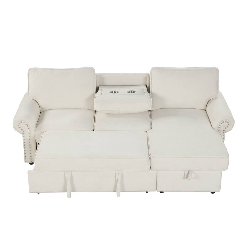 95" Convertible Sectional Sleeper Sofa with Storage Chaise, Pull-Down Tray & Cup Holders, Acacia Wood Frame (Polyester)