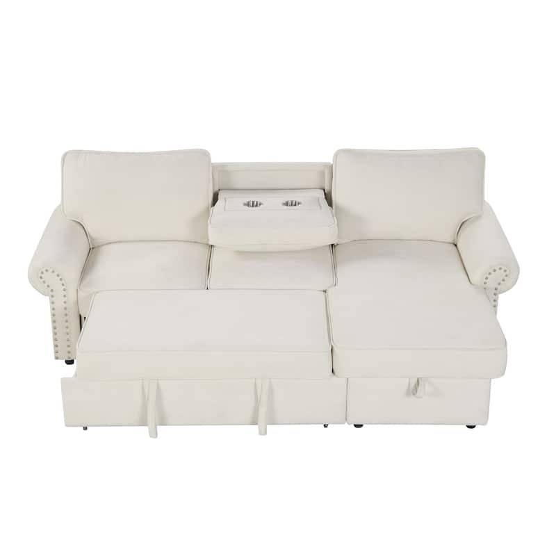 Convertible Sectional Sleeper Sofa with Storage Chaise, Pull-Down Backrest, Dual Cup Holders, Arc Armrests and Nailhead Trim