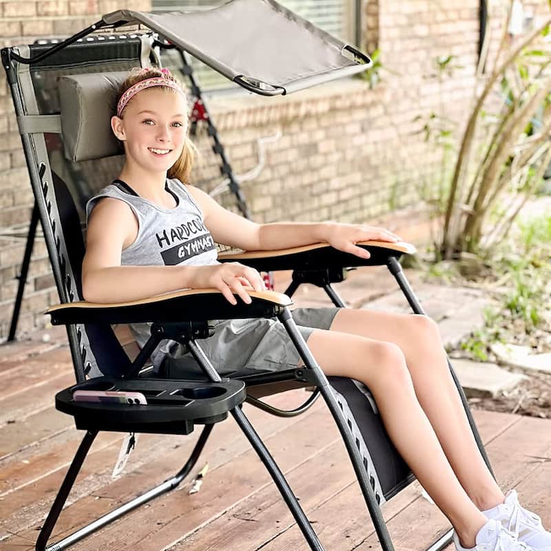 Set of 2 Folding Reclining Lounge Chair, Outdoor Zero Gravity Recliner W/Side Tray & Detachable Headrest Pillow