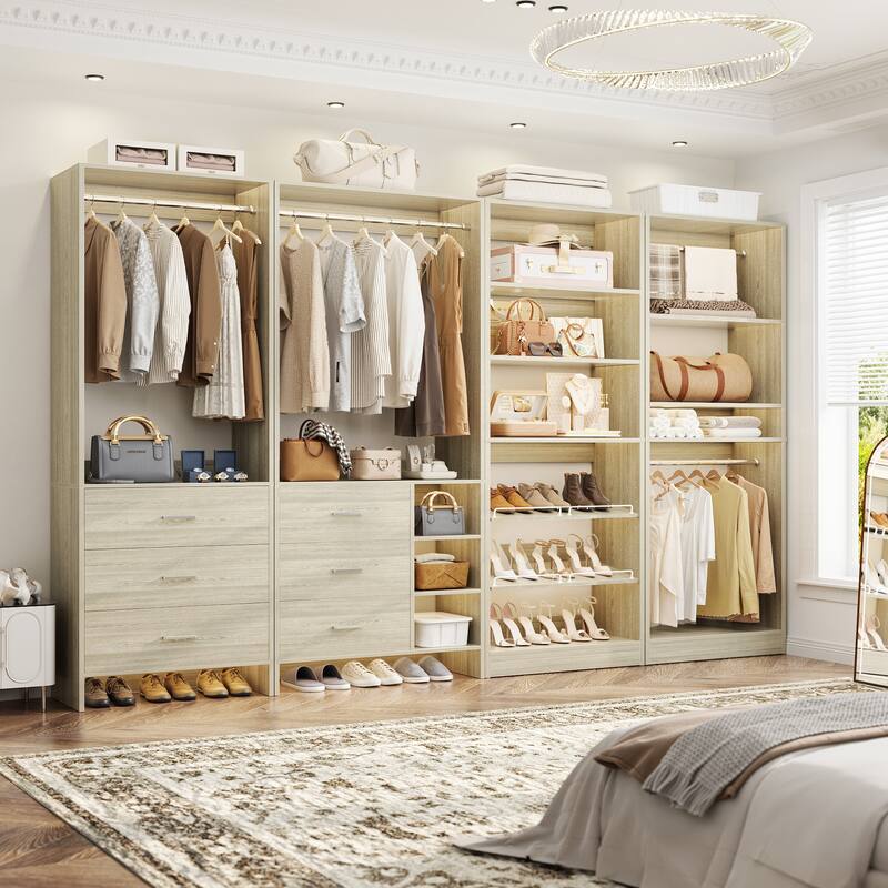 Cimly Set of 4 Closet Organizer with Drawers and Shoe Rack, Freestanding Closet System with Hanging Rods - Washed Oak