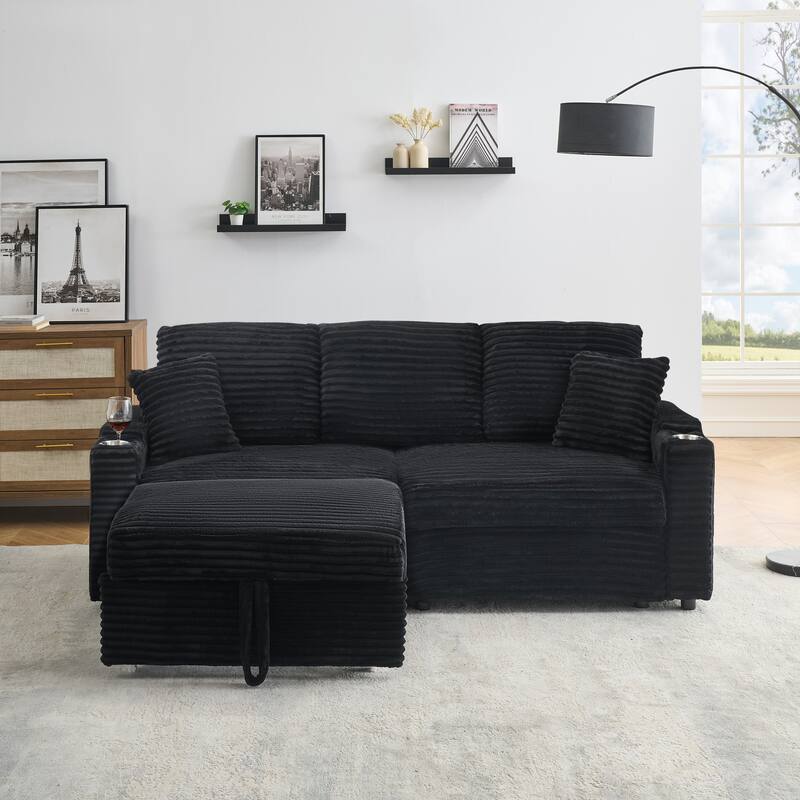 80-inch Foldable Hidden Black Corduroy Sofa with Cup Holders, Footrest and Storage Function