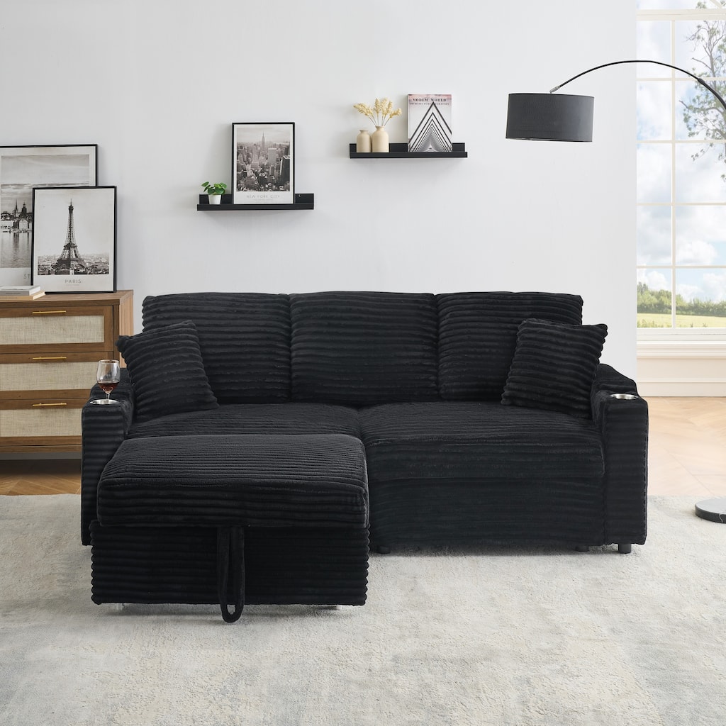 Roomfitters 80" Corduroy Reclining Sofa Bed with Storage, Cup Holders & Removable Footstool, Space-Saving Design