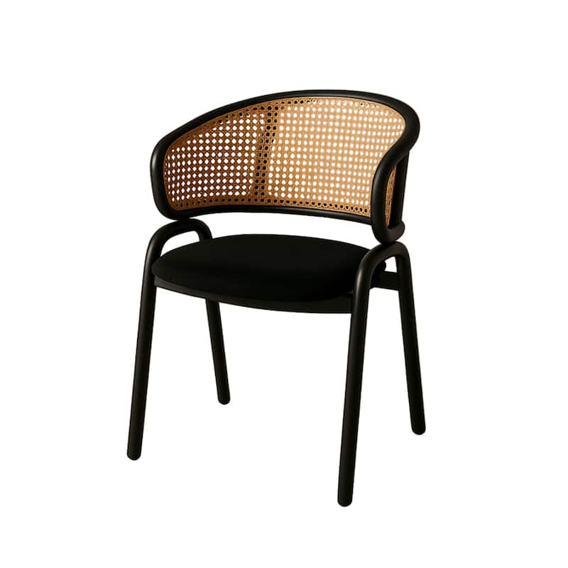 Ervilla Ergonomic Wicker Back Velvet Accent Dining Armchair with Powder Coated Steel Legs Protective Pad - Black
