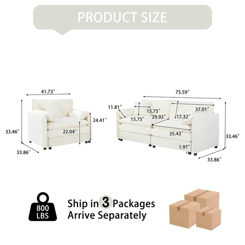 Chenille Upholstered Couches Set of 2 with Loveseat Sofa and Armchair, Deep Seat Sofas with Thickened Seat Cushions and Pockets