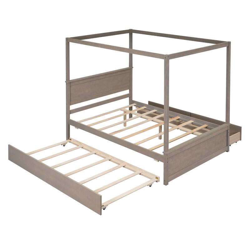 Canopy Platform Bed with Trundle and 2 Drawers, Support Slats