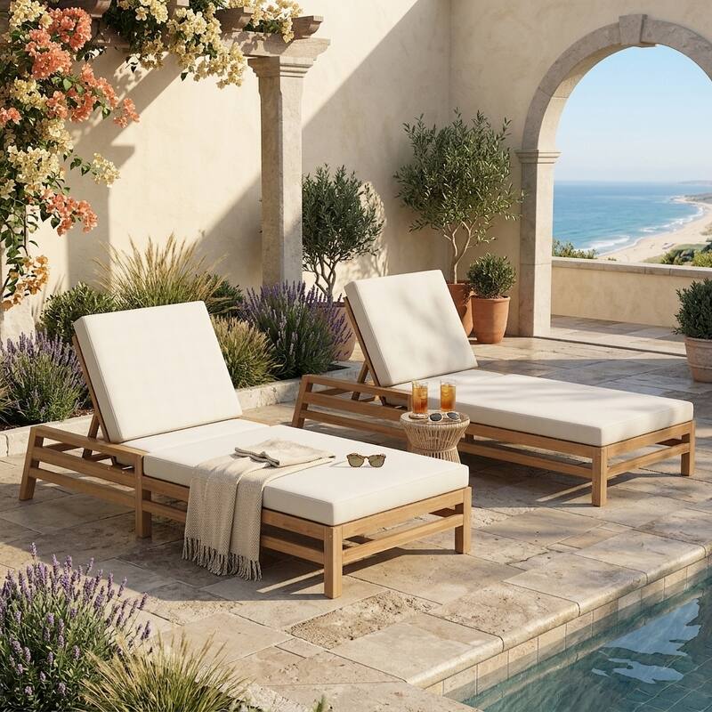 5-Position Adjustable Outdoor Chaise Lounge with Plush Cushions by Leisure Zone - Setof2&LightTeak