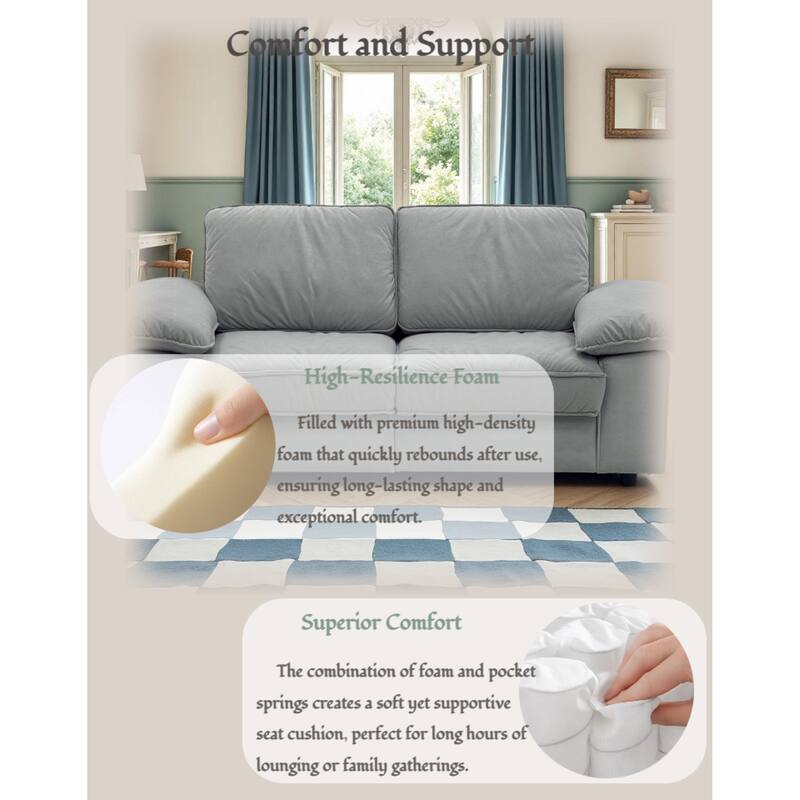 Roomfitters Modern Overstuffed Upholstered Sofa with Hidden Storage and Padded Arms, Comfy Loveseat for Small Space