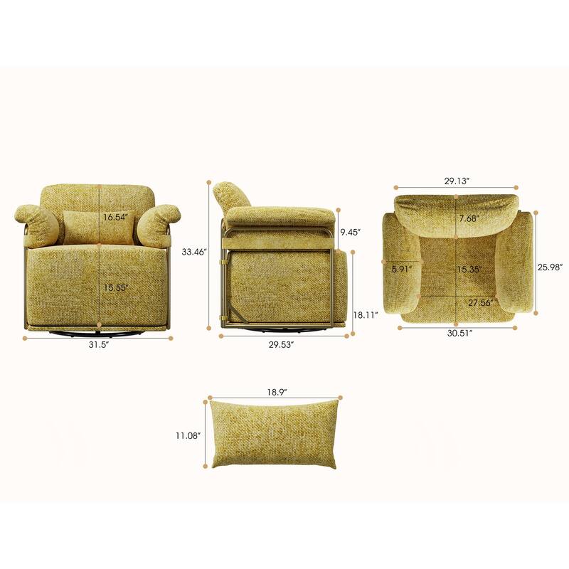 360 Degree Square Swivel Fluffy Fabric Lounge Upholstered Reading Chair with Gold Metal Legs, Yellow