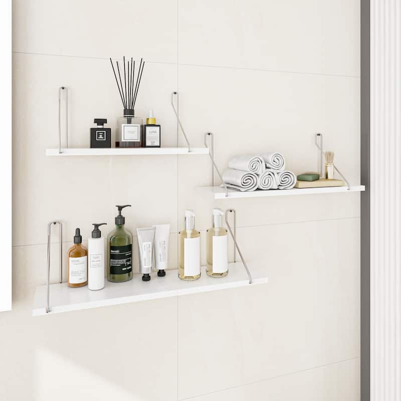 Floating Shelves for Wall with Silver Metal Brackets White for Bedroom Living Room - 23.62 x 5.91 x 5.91 inch