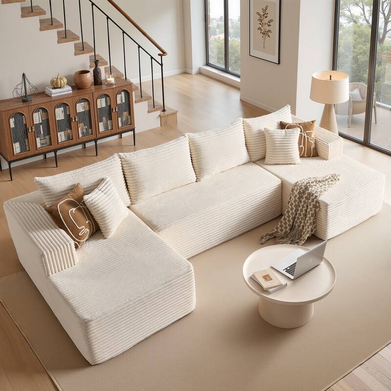 OVIOS 3 Piece Plush Sectional Non-Assembly Indoor Sofa - White