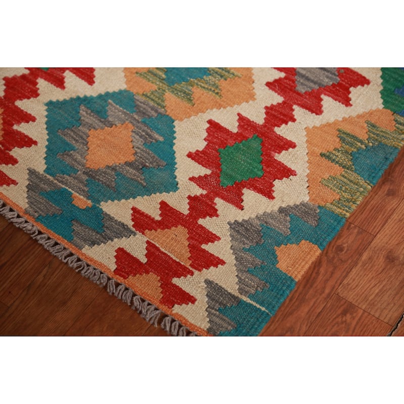 Hand Woven Oriental 100% Wool Carpet Southwestern Geometric Beige & Ivories Kilim Runner Rug - 12' 9'' X 3' 0''