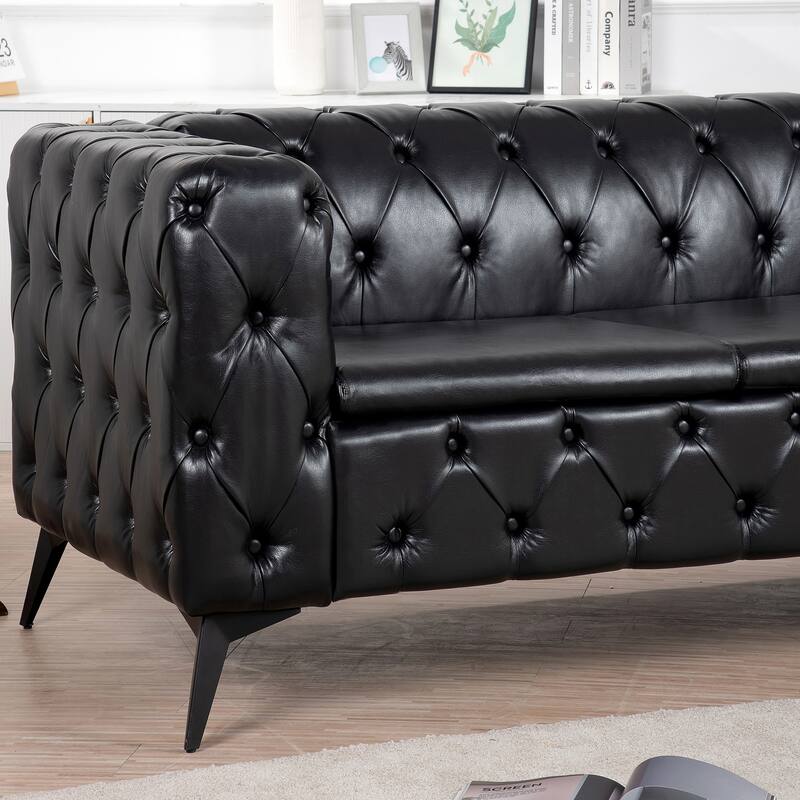 84.06" PU Traditional Square Arm 3-Seater Sofa with Removable Cushions, Pocket Spring Seat, and Iron Sled Base