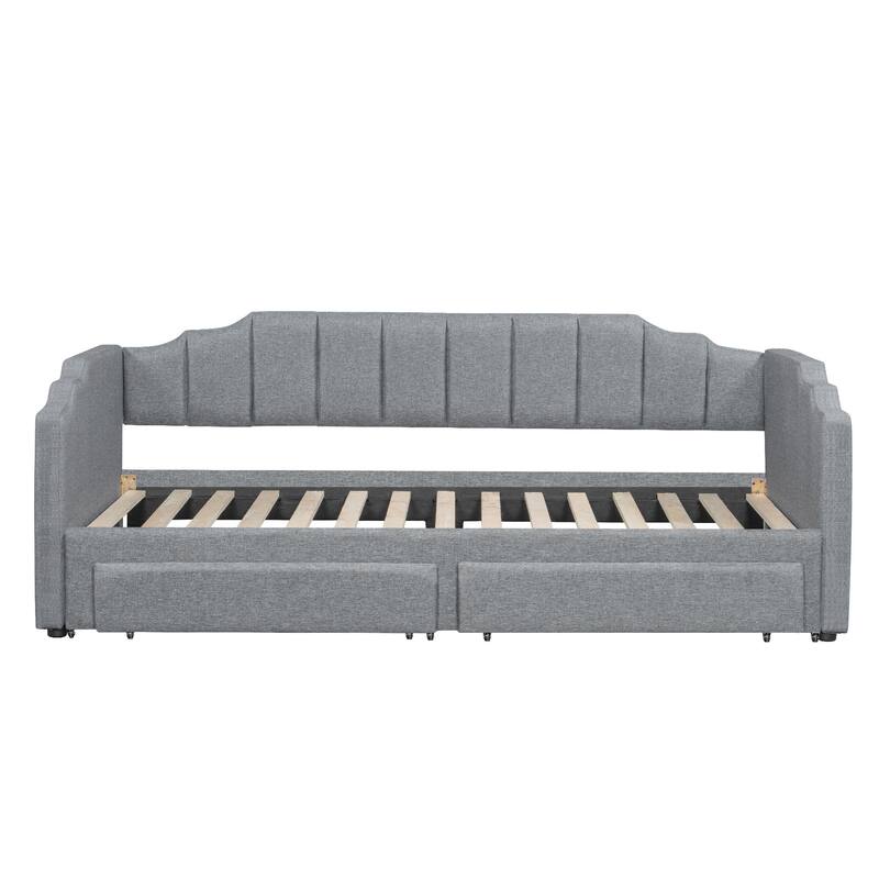 Extendable Upholstered Daybed with 2 Storage Drawers, LED Platform Sofa Bed Frame, Twin XL to King Daybed