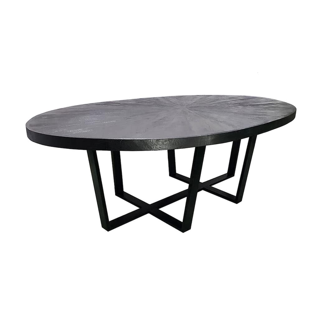Raj 91 Inch Round Dining Table, Cross Legs Design, Black Acacia Wood, Iron