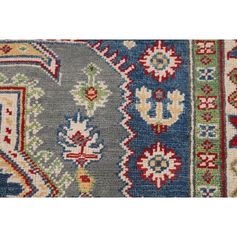Geometric Kazak Rug Hand-Knotted Grey Wool Carpet - 4'11" x 6'9"