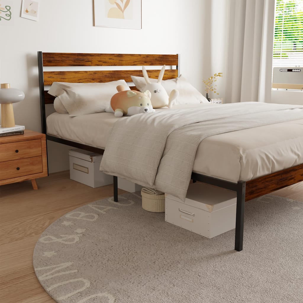 Queen Size Iron Platform Bed Frame with Wood Headboard and Footboard