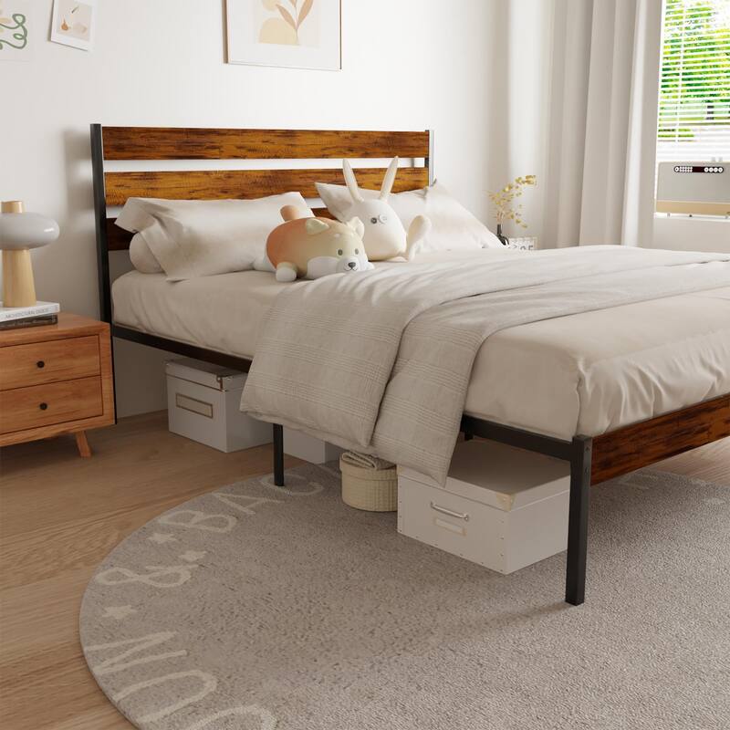 Rustic Queen Size Metal Platform Bed Frame with Wood Headboard & Footboard, Brown Finish