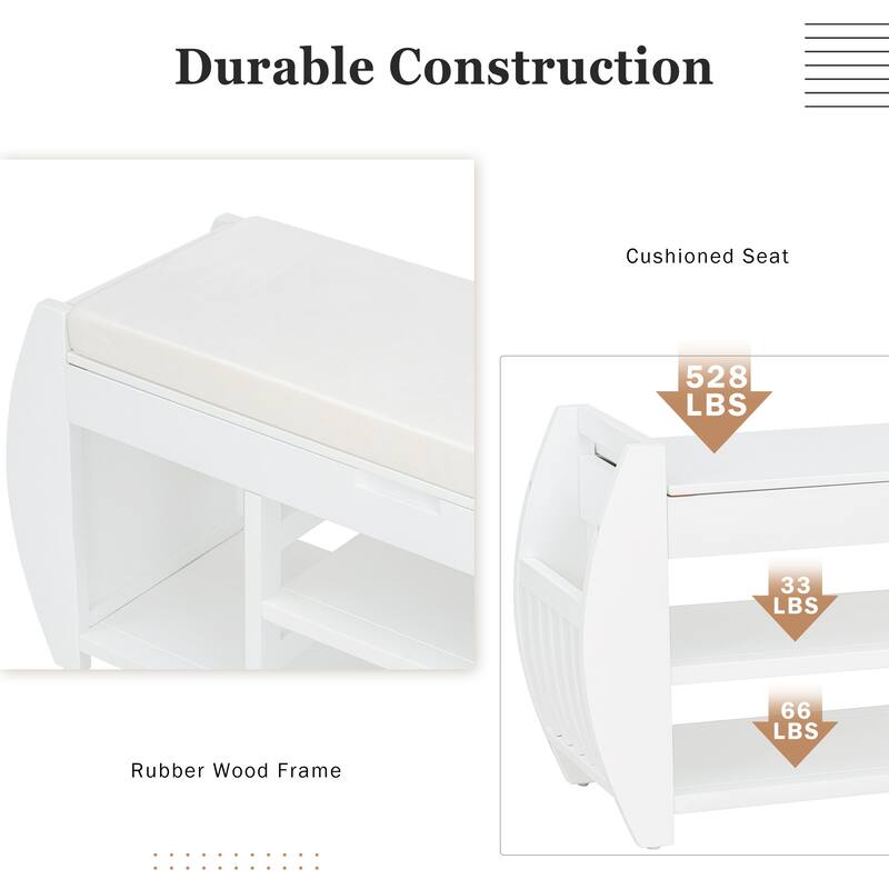 Shoe Bench 2-Tier Storage Bench with Cushion & Curved Side Holder, Wooden Panel Shoe Rack Organizer for Entryway, Living Room