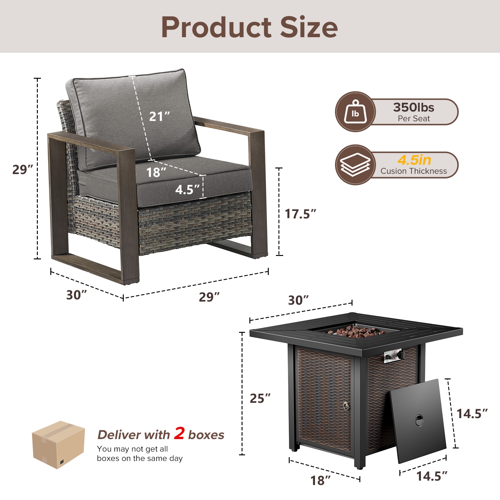 Meyreso 3-Piece Wicker Patio Conversation Set with Metal Fire Pit & Plush 4.5" Olefin Cushions