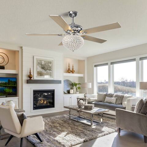52 inch Ceiling Fan with Light and Remote Control 5 Chrome Fan Blade Noiseless Motor Modern Crystal - 52 Inches