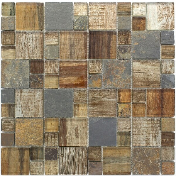 TileGen. Random Sized Glass and Stone Wood Look Tile in Beige/Grey Wall Tile (10 sheets/9.6sqft.)