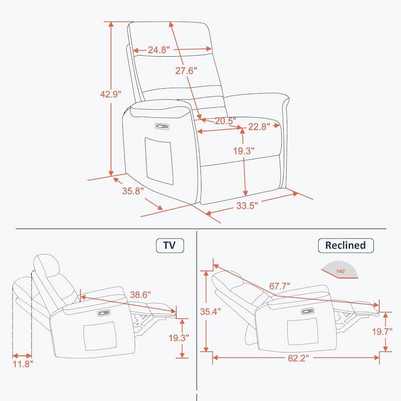 MCombo Modern Fabric Power Recliner, Electric Swivel Glider Rocker Recliner Chair for Nursery with USB Ports, Side Pockets 7763