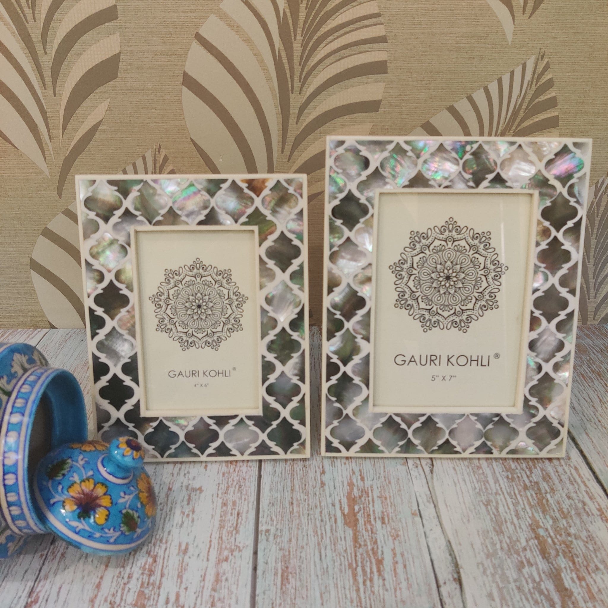 Twin Pack GAURI KOHLI Mother of Pearl Picture Frames Gift Set Wall Hanging & Table Top Handmade Twin Pack GAURI KOHLI Mother of Pearl Picture Frames Gift Set Wall Hanging & Table Top Handmade