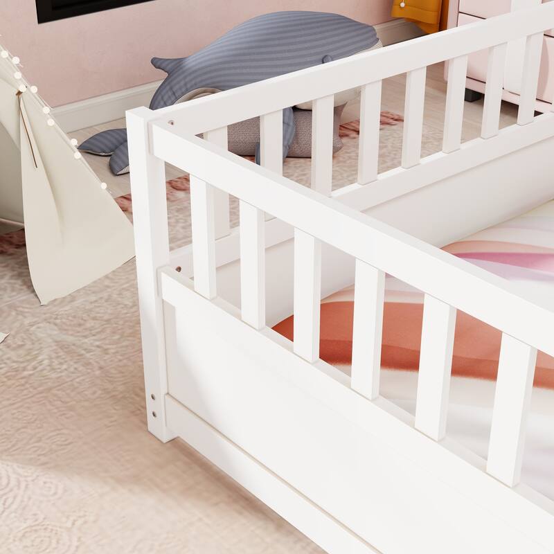 Twin/Full Size Montessori Floor Bed with High Guardrails and Door, Solid Wood Frame