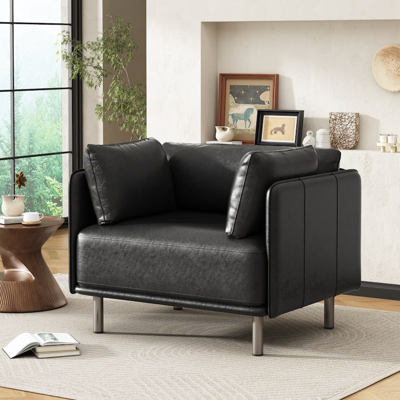 39" Vintage Black Faux Leather Lounge Chair with Polyester and PU Leather Upholstery, Solid Wood Frame and Steel Legs - Black