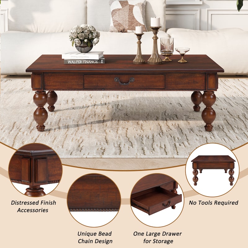 Rossetta Vintage Rectangular Wooden Coffee Table with Storage Drawer ,No-Tools Assembly