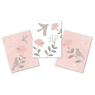 Lambs & Ivy Petals Pink/Gray/White Floral/Birds 11 by 14 Unframed Wall Art 3pc