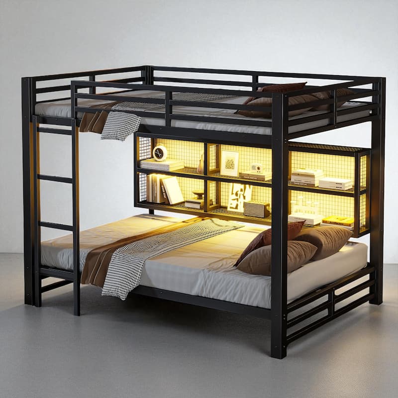 Metal Queen over Queen Bunk Bed with 6 Storage Cabinets, Guardrails, and 7-Color LED Light