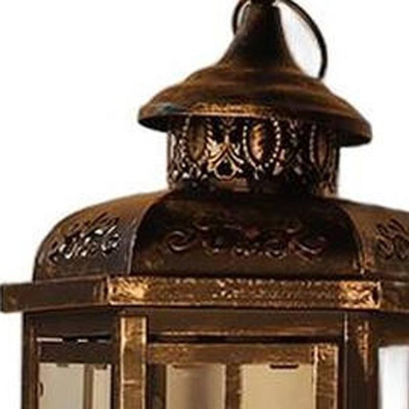 Set of Three Black And Gold Distressed Filigree Metal Tabletop Lantern Candle Holders