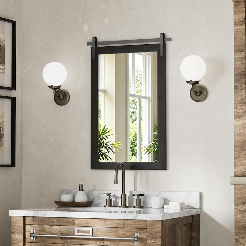 Farmhouse Barn Door Solid Wood Frame Bathroom Vanity Wall Mirror - 18W * 26H Inches - Black