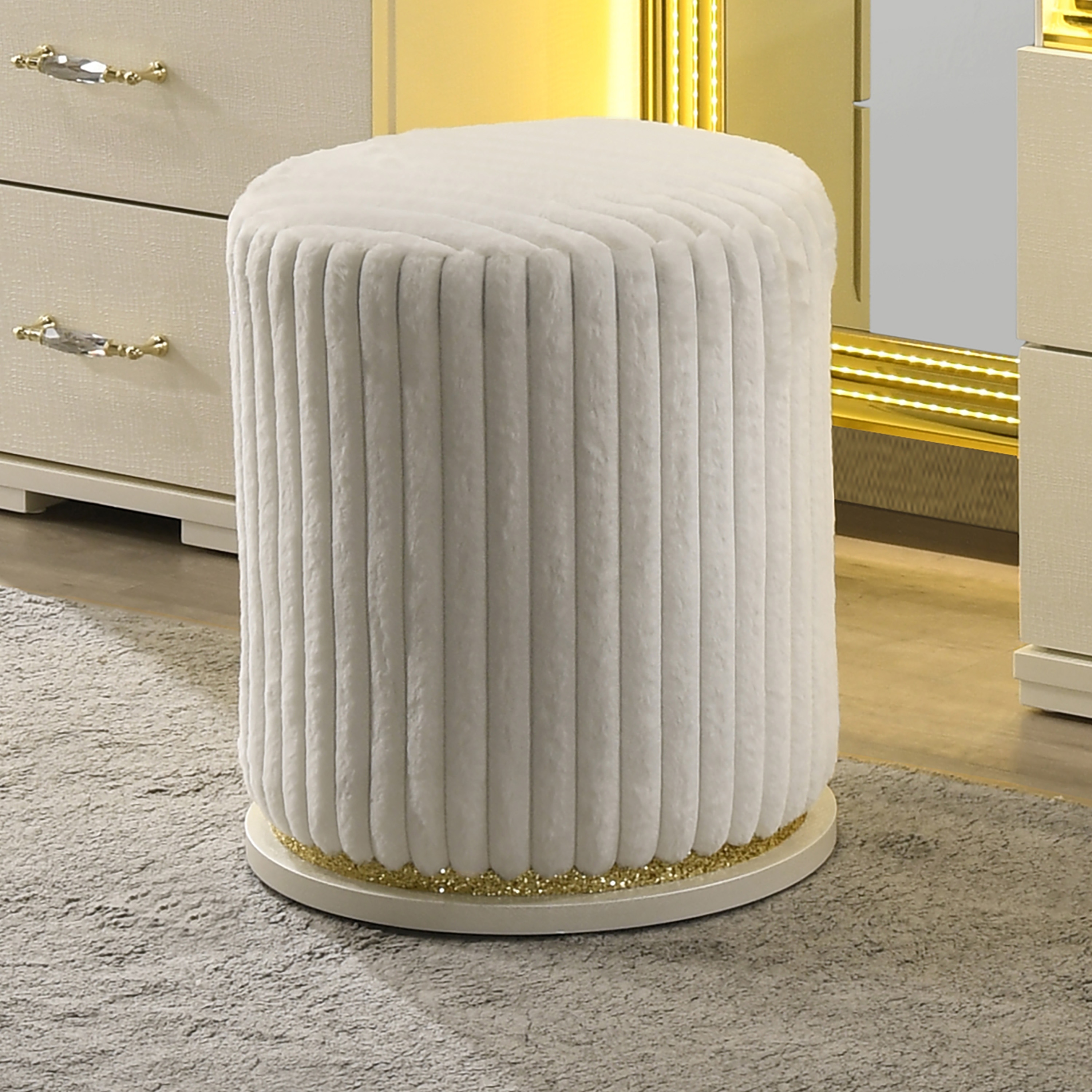 Furniture of America Saven Modern Beige Faux Fur Upholstered Vanity Stool