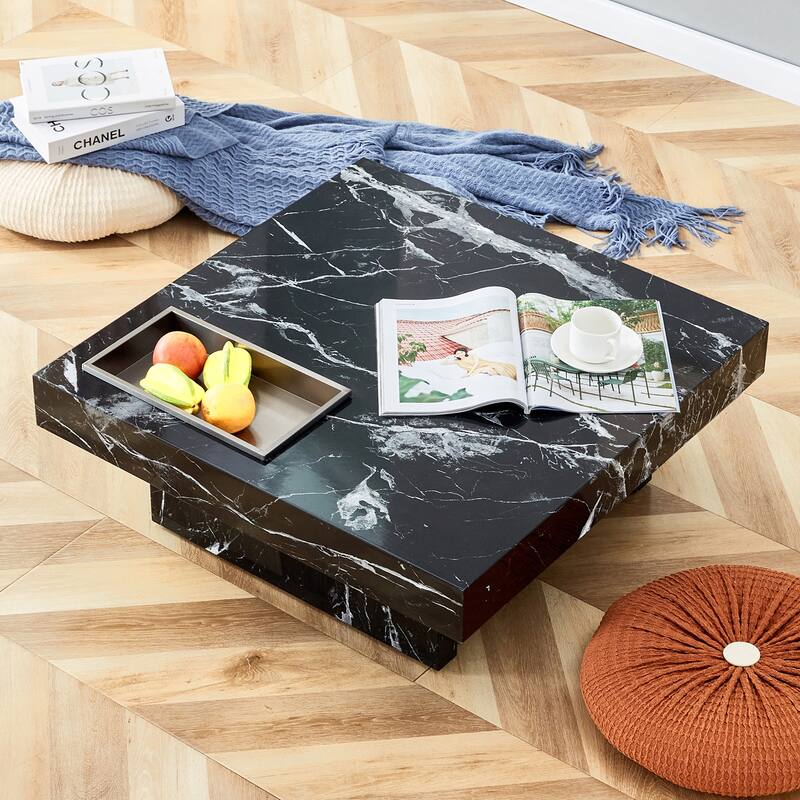 A modern and practical coffee table made of MDF material with black patterns. The fusion of elegance and natural fashion