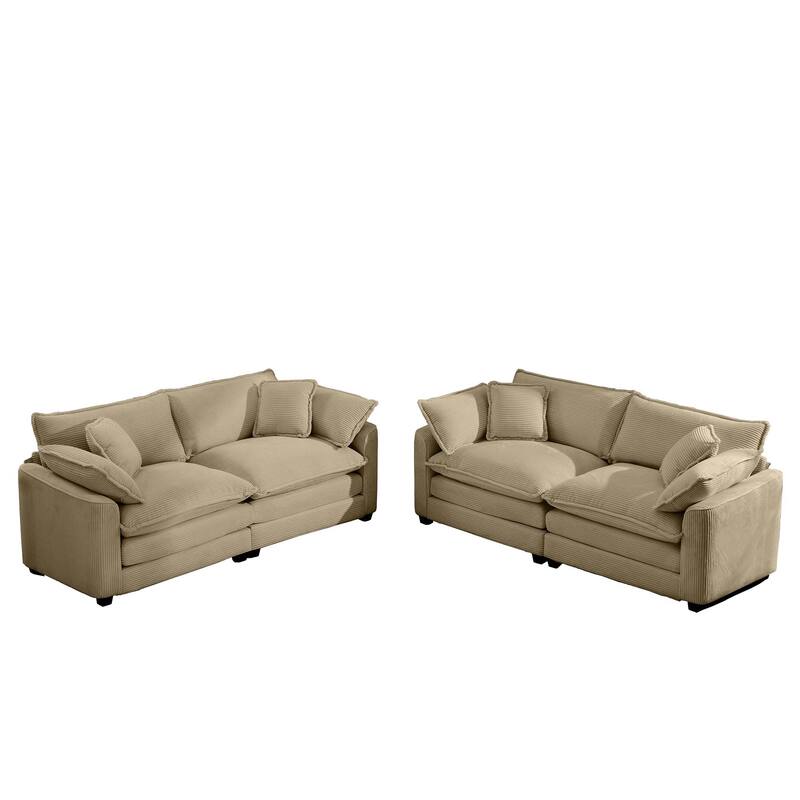 2+2 Seat Corduroy Fabric Flexible Combinations Sofas Set with Removable Armrests and Throw Pillows - Tan