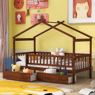Twin Size Wooden House Bed with Two Drawers and Fence for Boys, Girls and Bedroom