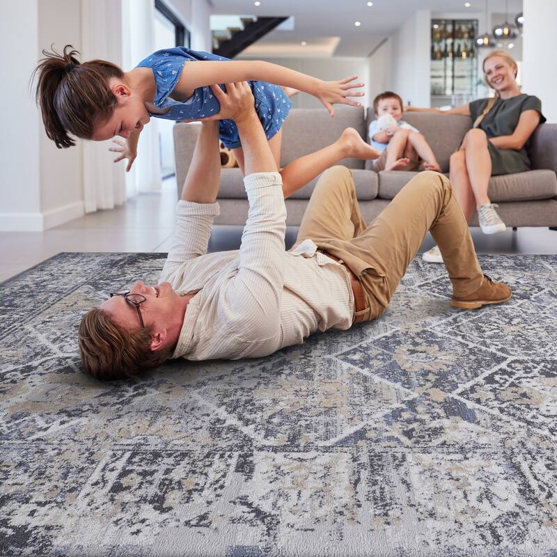 LOOM & LUXE Collection Grey/Blue/Traditional Non-Shedding Area Rug