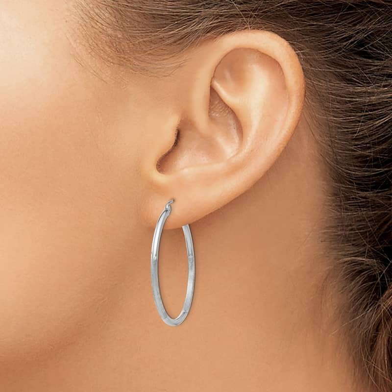 Curata 14k White Gold Satin and Sparkle Cut 30x2mm Round Hoop Earrings