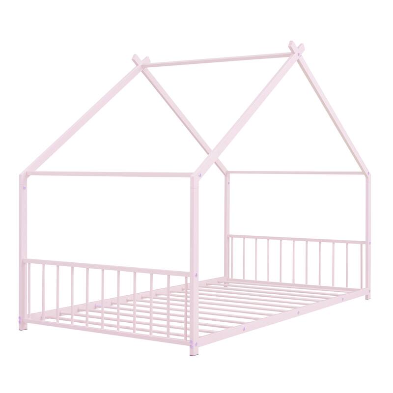 Pink Twin Size Metal House Bed with Roof for Kids - Play & Sleep Design