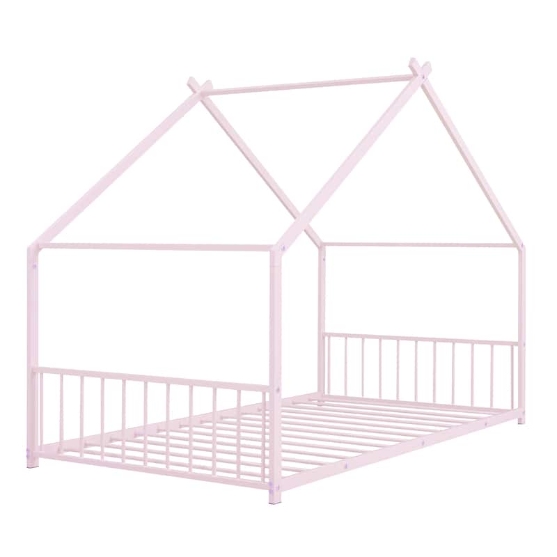 Twin Size Metal House Bed with Roof, Fence, and Back for Kids