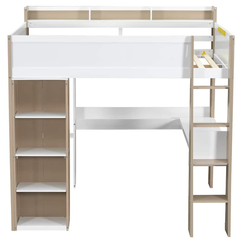 Full Size Loft Bed Wood Kids Bed Frame with Storage Shelves and Clothes Rails, Desk Under Bed for Kids Teens Student Boys Girls