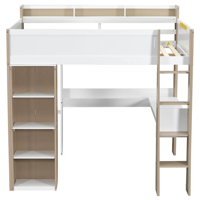 Full Size Wood Study Loft Bed with Built In Desk, Versatile Storage High Loftbed Frame with Shelves, Hanging Rod and Wardrobe