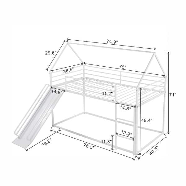 dimension image slide 1 of 4, Twin over Twin House Bunk Bed with Convertible Ladder and Slide, White