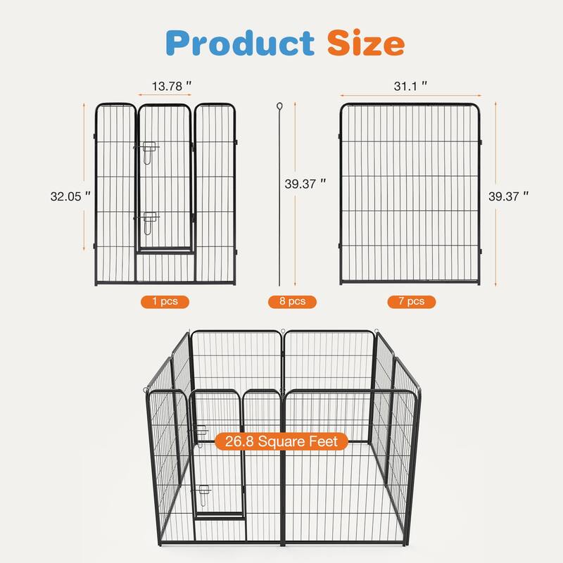 8 Panel Foldable Dog Playpen, Heavy Duty Double Door Pet Exercise Pen, Indoor Outdoor Puppy Fence with Anti-Slip Base