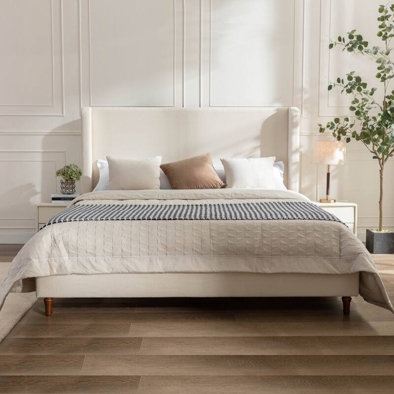 Modern Upholstered Platform Bed with Wingback Headboard - Ivory-Boucle(New) - King